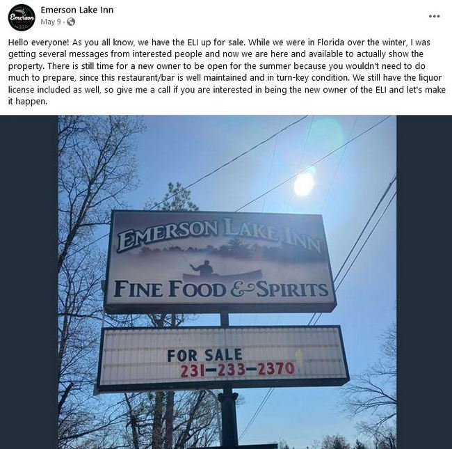 Emerson Lake Inn - 2023 Facebook Post - For Sale (newer photo)